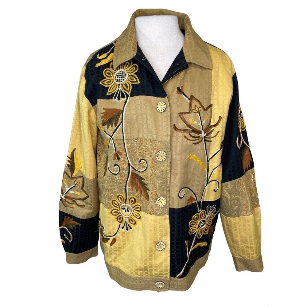 Vintage Indigo Moon Jacket Gold Floral Embroidered Boho Art Lined Buttons Small